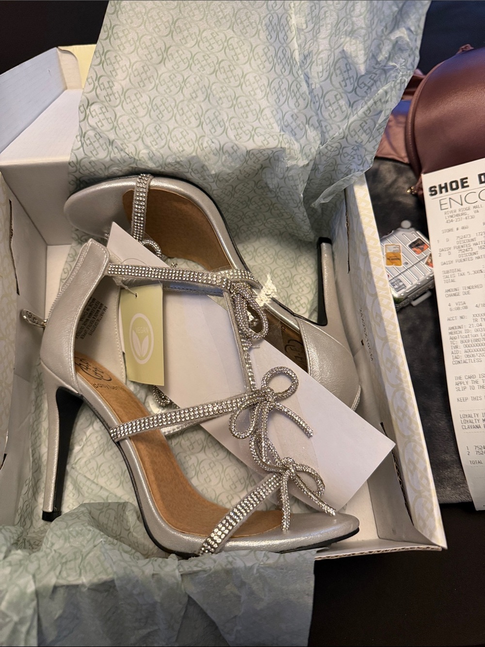 Daisy Fuentes Silver Rhinestone Bow Strappy Stiletto Heels